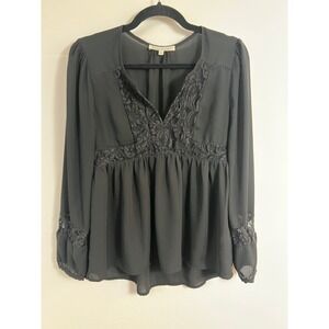 Daniel Rainn‎ Black Lace Blouse Long Sleeve V Neck Babydoll Top Small S